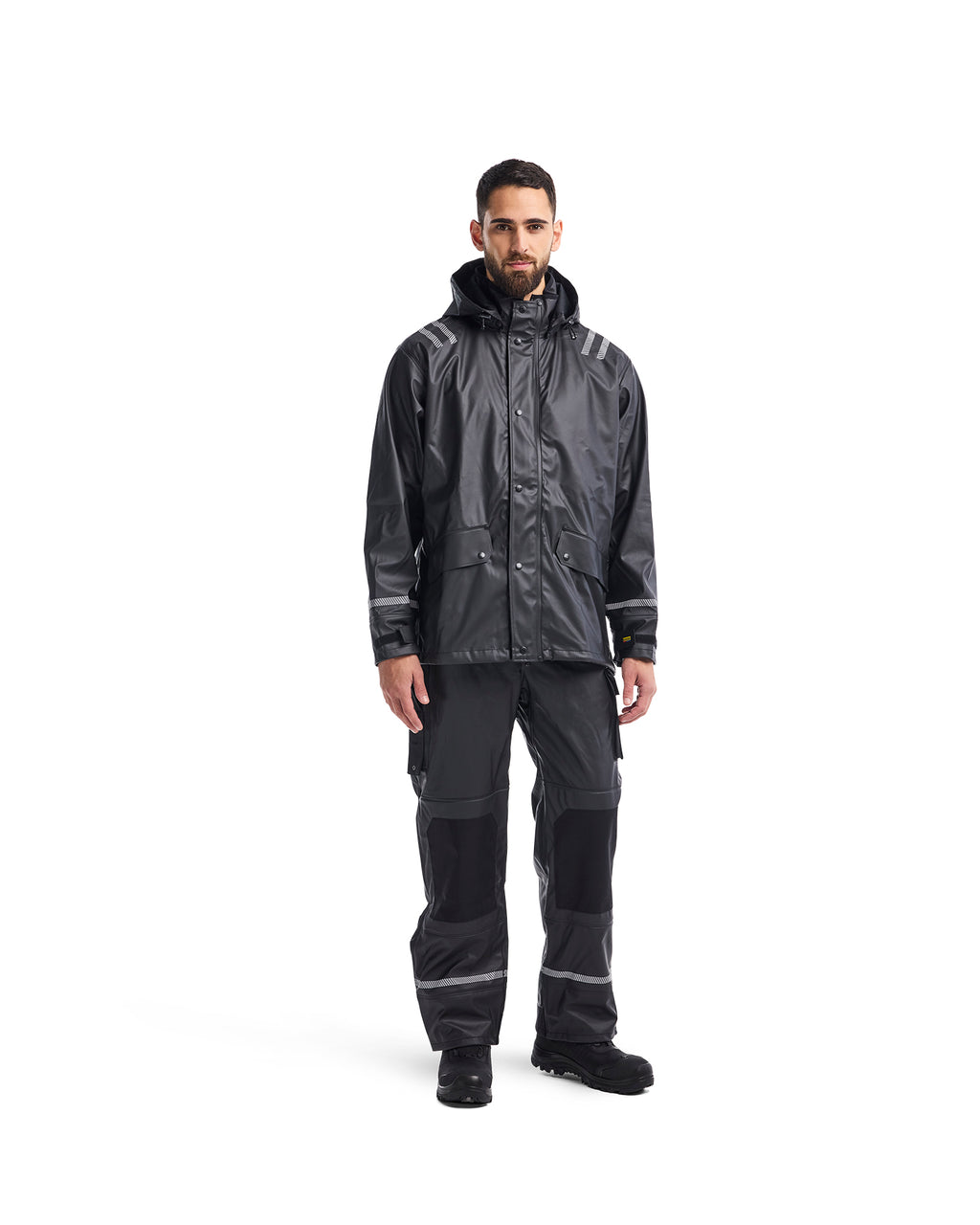 Hooded Rain Jacket with Reflective Details - Black